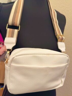 Women’s White Crossbody Bag with Striped Adjustable Strap